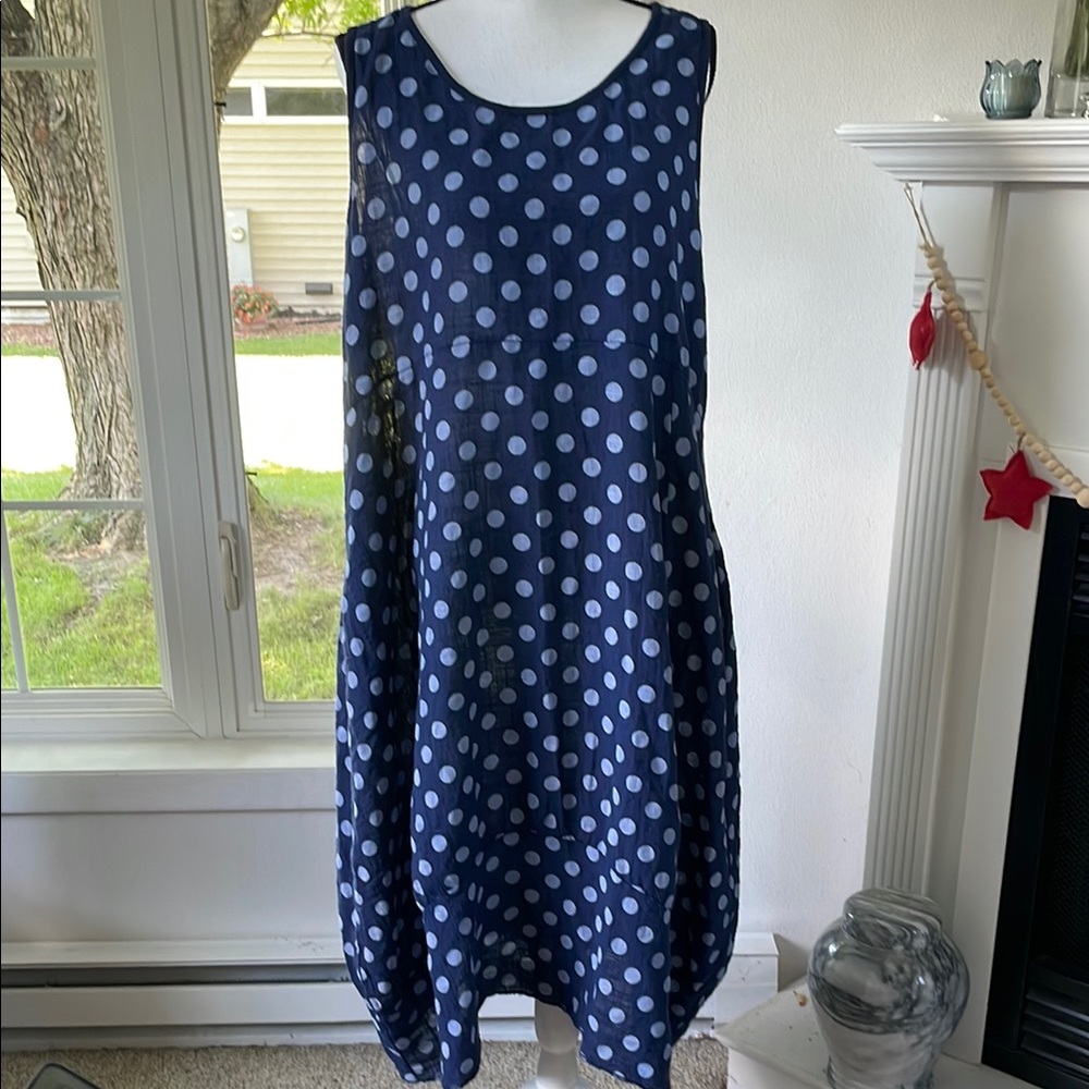 Sleeveless Linen Navy Polka Dot Swing Dress